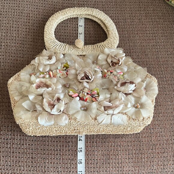 Vintage Flower Embellished Lined Straw Handbag Purse - Picture 10 of 11